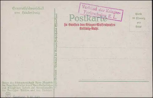 AK Generalfeldmaréchal de Hindenburg / Fédération des écoles d'escrime de guerre E.L.