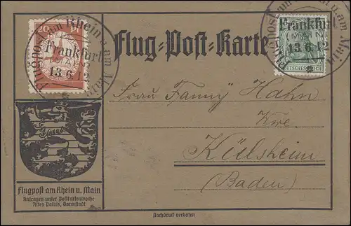Flugpost Rhein-Main Frankfurt 13.6.1912 - 20 Pf mit ZF Flug-Post-Karte mit Text