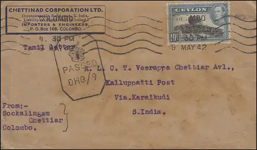 Lettre de censure de Ceylan COLOMBO 9.5.1942 via KALLUPPATTI vers KARAIKUDI 14.5.42