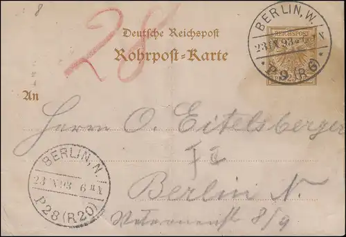 Rohrpost-Karte RP 8 Adler 25 Pf. BERLIN P9 (R6) 23.9.1893 nach BERLIN P28 (R20)