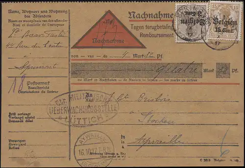 Zensur Militärische Überwachungsstelle Lüttich auf NN-Karte SPRIMONT 15.10.1917