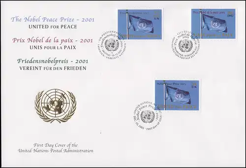 UNO Trio-FDC 71 Verleihung des Friedensnobelpreises 2001 an die UNO 10.12.2001