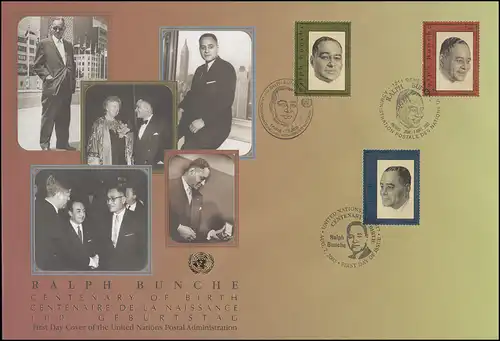 UNO Trio-FDC 82 Jubiläum 100. Geburtstag von Ralph Bunche 7.8.2003