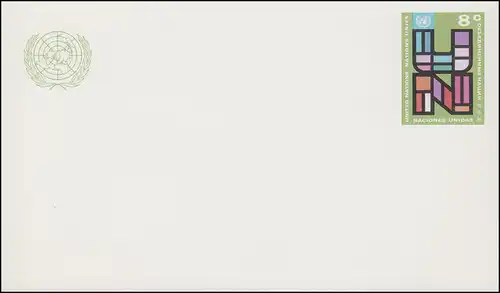 Carte postale des Nations unies P 6 Initiaux des NU 8 cent 1975 non utilisée **