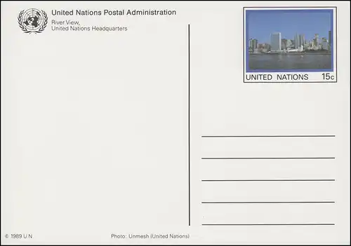 Carte postale des Nations Unies P 9 Vue fluviale 15 centimes 1989, inutilisé **