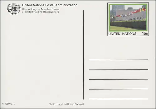 UNO New York Postkarte P 11 Flaggen 15 Cent 1989, ungebraucht **