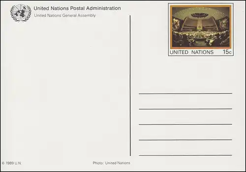 UNO New York Postkarte P 13 Generalversammlung 15 Cent 1989, ungebraucht **