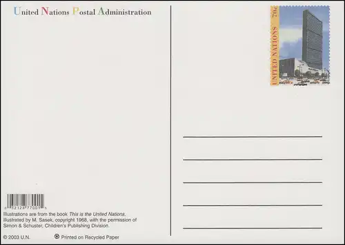 Carte postale des Nations Unies P 33 Bâtiment de l'Assemblée générale 70 C 2003, inutilisé **