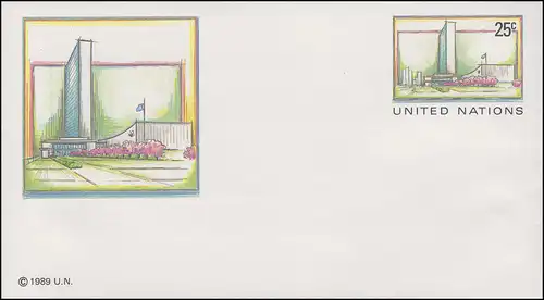 UNO New York Umschlag U 8A Hauptquartier 25 Cent 1989, 165x92, ungebraucht **
