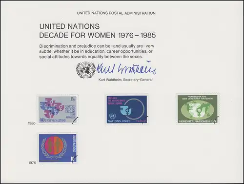 Carte commémorative de l'ONU CE 17 Décennie des femmes 1980, inutilisé **