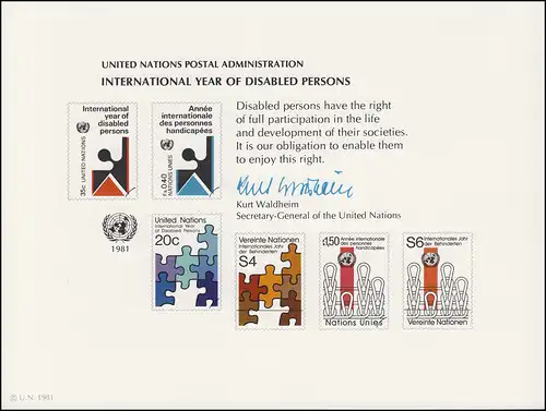 Carte commémorative de l'ONU - CE 19 Année des handicapés 1981, inutilisé **