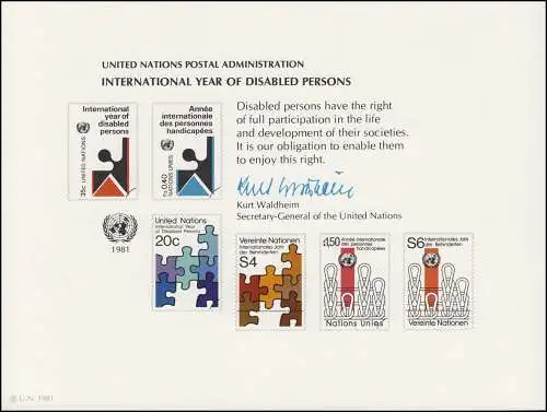 Carte commémorative de l'ONU - CE 19 Année des handicapés 1981, inutilisé **