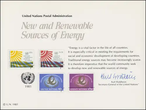 Carte commémorative de l'ONU CE 20 Sources d'énergie renouvelables 1981, inutilisé **
