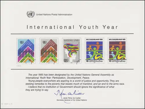 Carte commémorative de l'ONU CE 26 Année de la jeunesse 1984, inutilisé **