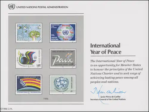 Carte commémorative de l'ONU - 30 ans de paix 1986, inutilisé **