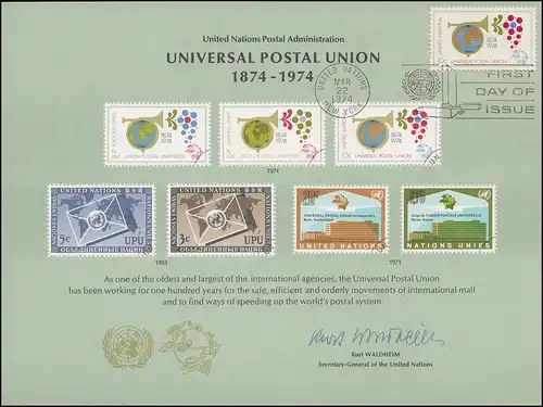 UNO Erinnerungskarte EK 5 Weltpostverein (UPU) 1974, NY-FDC 22.3.1974