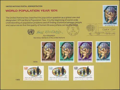 Carte commémorative de l'ONU EK 6 Année de la population mondiale 1974, NY-FDC 18.10.1974