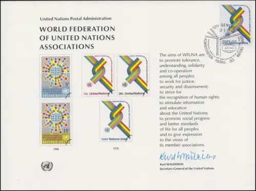 Carte commémorative de l'ONU (EK 9 WFUNA 1976, Genève-FDC 12.3.1976)