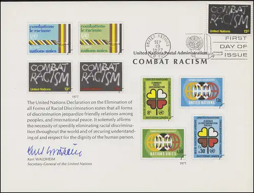 Carte commémorative de l'ONU CE 12 Anti-Racisme 1977, NY-FDC 19.9.1977