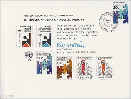 Carte commémorative de l'ONU - CE 19 Année des handicapés 1981, NY-FDC 6.3.1981