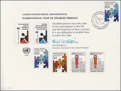 UNO Erinnerungskarte EK 19 Jahr der Behinderten 1981, NY-FDC 6.3.1981