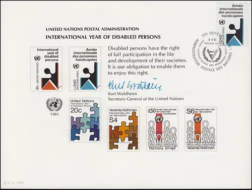 UNO Erinnerungskarte EK 19 Jahr der Behinderten 1981, Genf-FDC 6.3.1981