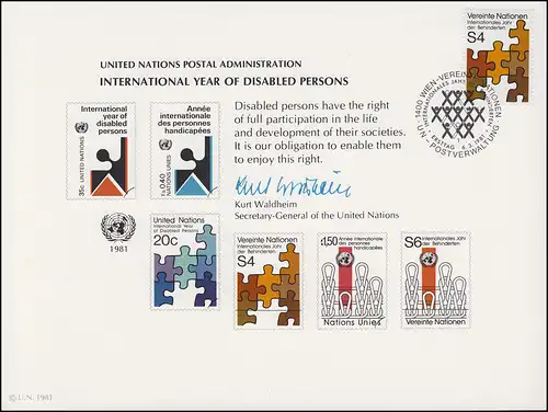 UNO Erinnerungskarte EK 19 Jahr der Behinderten 1981, Wien-FDC 6.3.1981