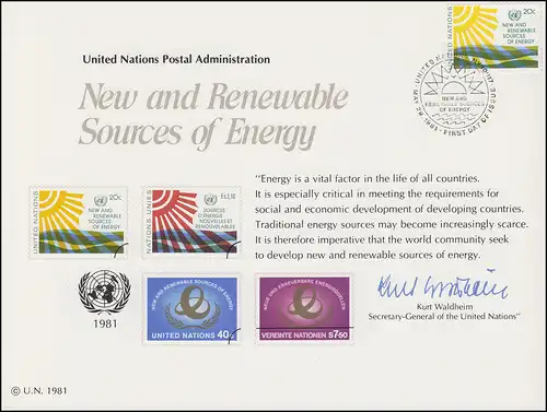Carte commémorative de l'ONU CE 20 Sources d'énergie renouvelables 1981, NY-FDC 29.5.1981