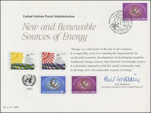 Carte commémorative de l'ONU CE 20 Sources d'énergie renouvelables 1981, Vienne-FDC 29.5.1981