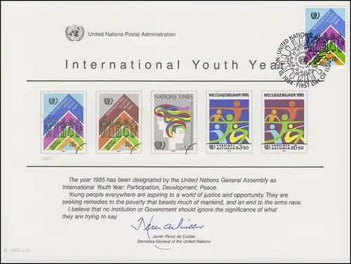 Carte commémorative de l'ONU CE 26 Année de la jeunesse 1984, NY-FDC 15.11.1984