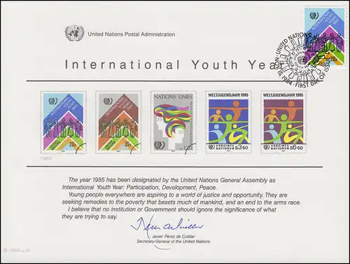 UNO Erinnerungskarte EK 26 Jahr der Jugend 1984, NY-FDC 15.11.1984