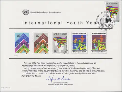 UNO Erinnerungskarte EK 26 Jahr der Jugend 1984, Genf-FDC 15.11.1984