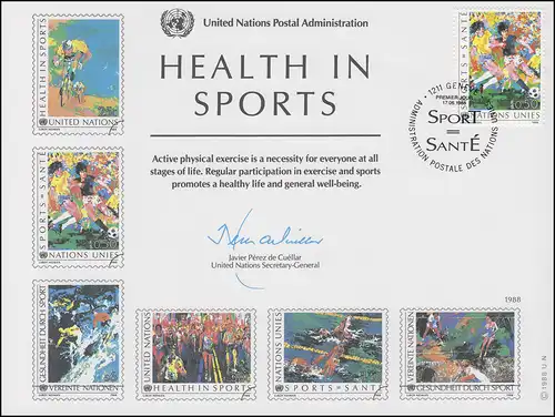 Carte commémorative de l'ONU CE 34 Santé par le sport 1988, Genève-FDC 17.6.1988