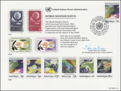 Carte commémorative de l'ONU CE 36 Surveillance mondiale des conditions météorologiques 1989, NY-FDC 21.4.1989