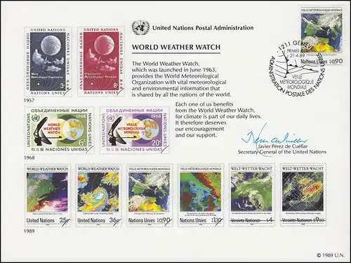 Carte commémorative de l'ONU CE 36 Surveillance mondiale des conditions météorologiques 1989, Genève-FDC 21.4.1989