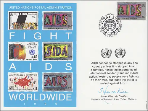 Carte commémorative de l'ONU CE 37 Lutte contre le sida 1990, NY-FDC 16.3.1990