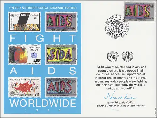 UNO Erinnerungskarte EK 37 Aids-Bekämpfung 1990, NY-FDC 16.3.1990