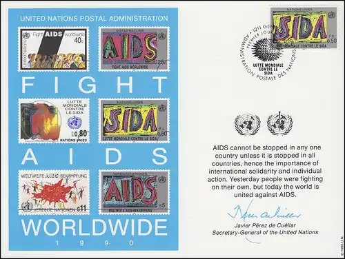 Carte commémorative de l'ONU CE 37 Lutte contre le sida 1990, Genève-FDC 16.3.1990