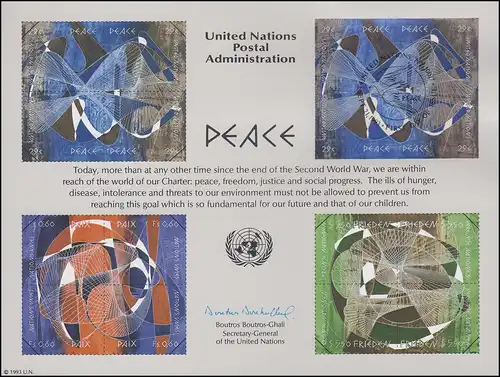 Carte commémorative de l'ONU CE 44 Journée mondiale de la paix 1993, NY-FDC 21.9.1993