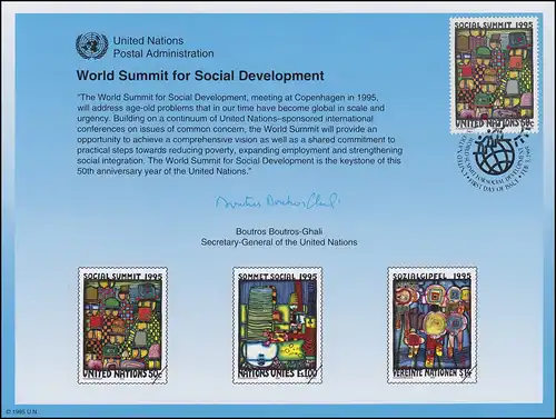 UNO Erinnerungskarte EK 47 Soziale Entwicklung 1995, NY-FDC 3.2.1995
