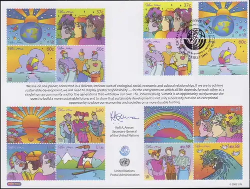 Carte commémorative de l'ONU CE 57 Développement durable 2002, NY-FDC 27.6.2002