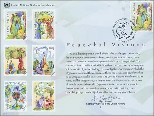 Carte commémorative de l'ONU CE 62 Visions pacifiques 2007, NY-FDC 1.6.2007