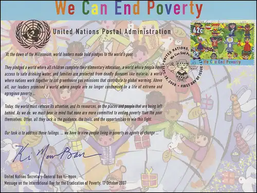 UNO Erinnerungskarte EK 63 Beseitigung der Armut 2008, NY-FDC 18.9.2008