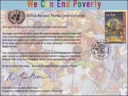 Carte commémorative de l'ONU CE 63 Elimination de la pauvreté 2008, Genève-FDC 18.9