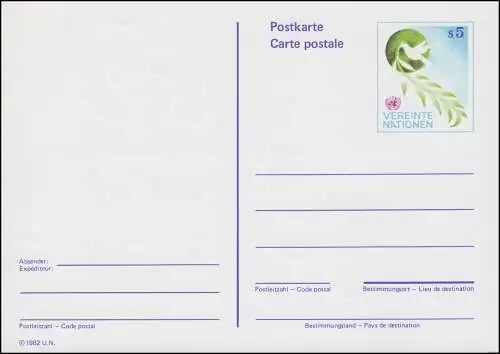 Nations unies Vienne Carte postale P 2 Pigeon avec branche d'olive 5 Schilling 1982, inutilisé **