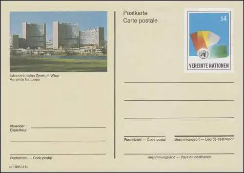 UNO Wien Postkarte P 3 UNO-Emblem 4 Schilling 1985, ungebraucht **