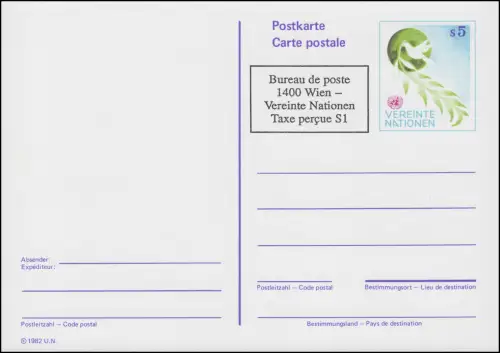 Carte postale de l'ONU Vienne P 4 colombe avec branche d'olive 5+1 shilling 1992, inutilisé **