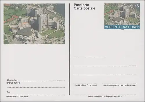 Carte postale de l'ONU Vienne P 7 Vue aérienne 6 Schilling 1993, inutilisé **