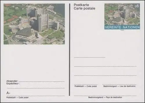 Carte postale de l'ONU Vienne P 7 Vue aérienne 6 Schilling 1993, inutilisé **