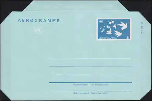 Lettre postale aérienne de l'ONU Vienne LF 3 pigeons dans le vol 11 Schilling 1987, inutilisé **